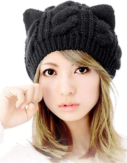 Load image into Gallery viewer, Women Girls Boys Teens Cute CAT Kitty Ears Hats, Winter Warm Woollike Knitted Crochet Christmas Ski Beanie Headgear
