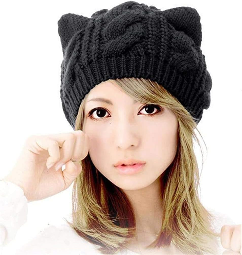 Women Girls Boys Teens Cute CAT Kitty Ears Hats, Winter Warm Woollike Knitted Crochet Christmas Ski Beanie Headgear