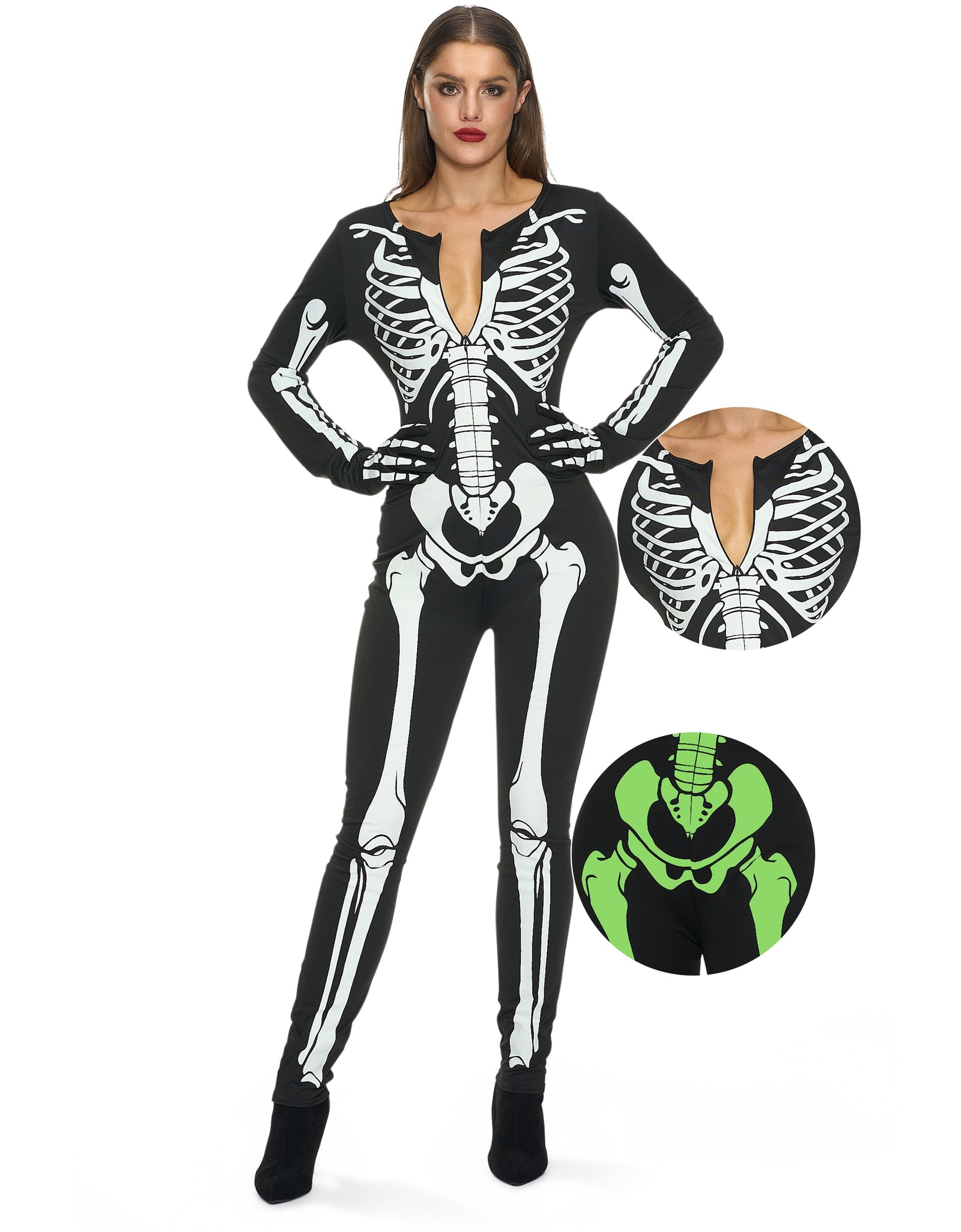 Glow in the Dark Skeleton Costume for Adults Women Halloween Dress up Party Role Playing Cosplay