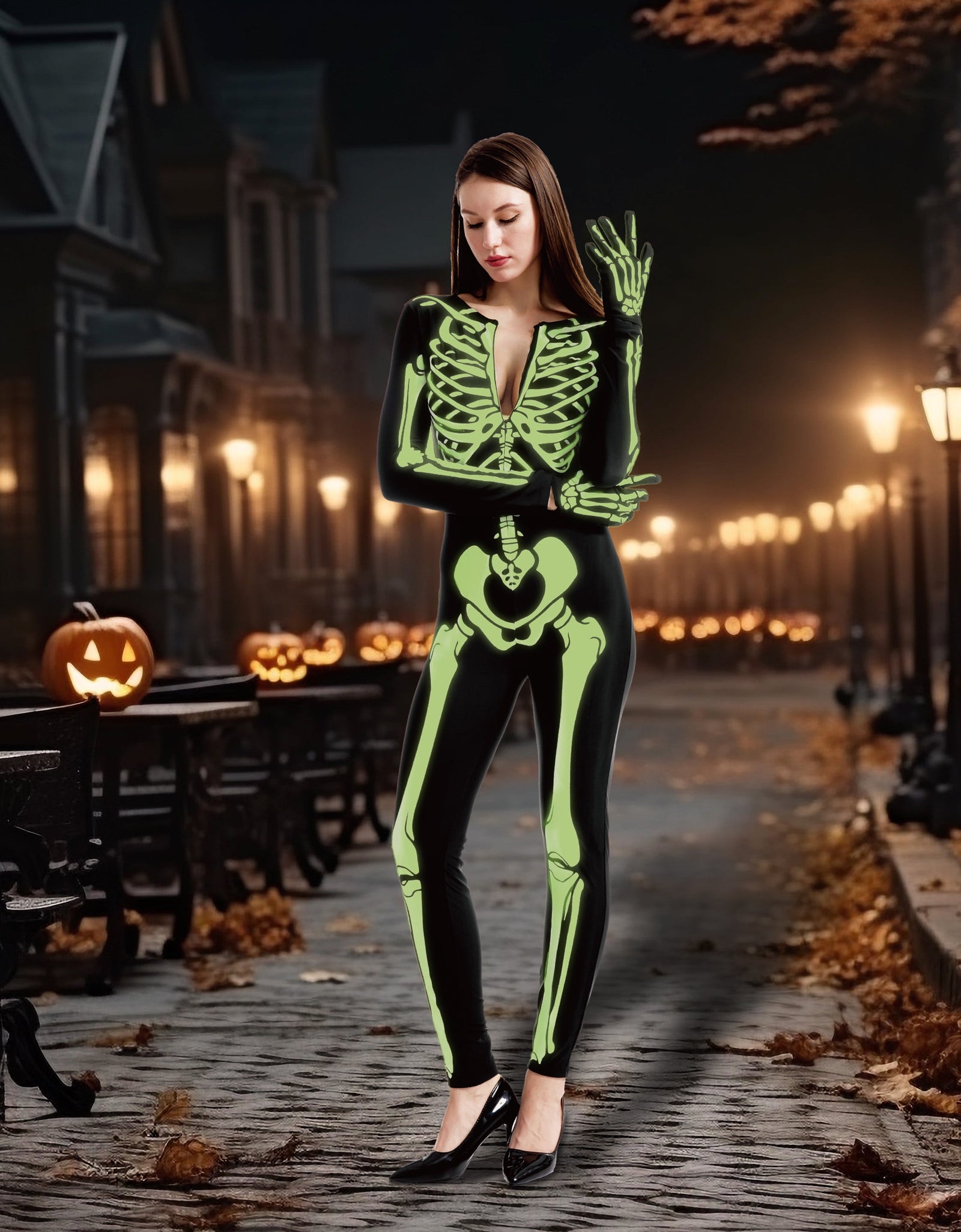 Glow in the Dark Skeleton Costume for Adults Women Halloween Dress up Party Role Playing Cosplay