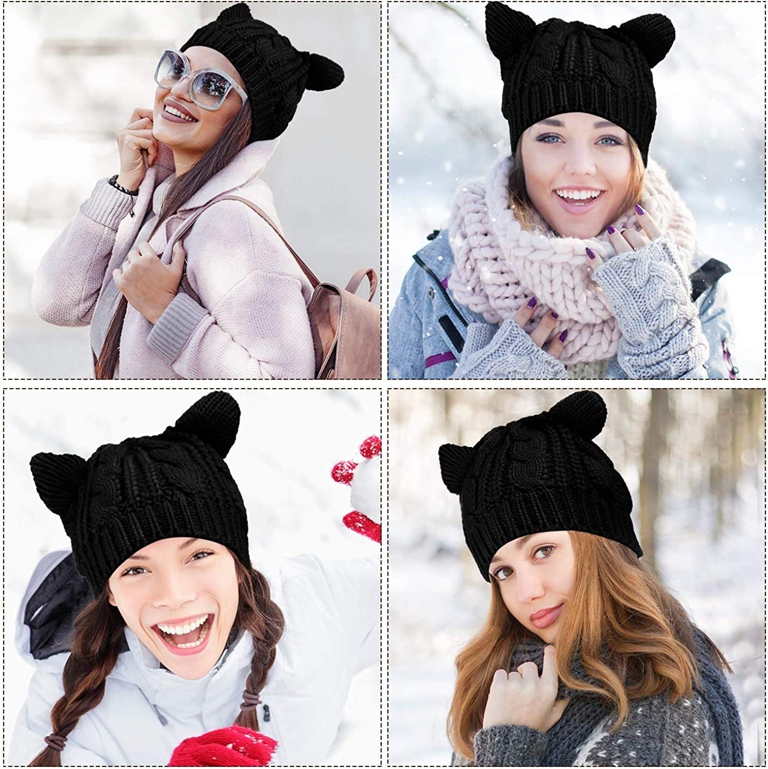 Women Girls Boys Teens Cute CAT Kitty Ears Hats, Winter Warm Woollike Knitted Crochet Christmas Ski Beanie Headgear