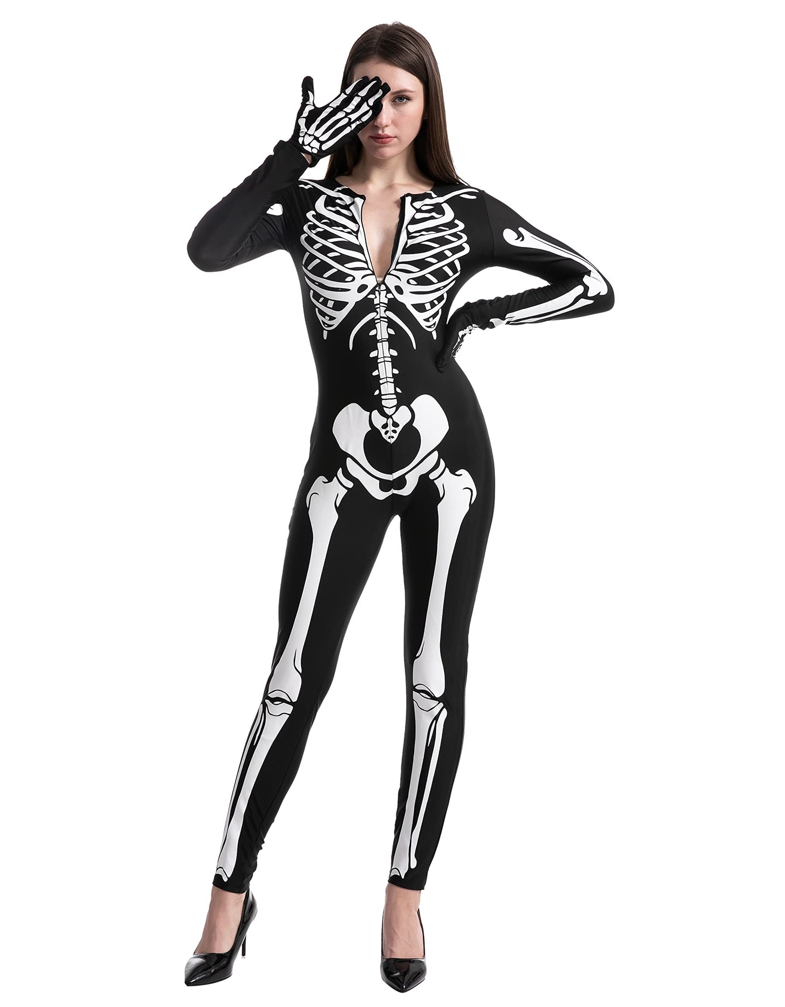 Glow in the Dark Skeleton Costume for Adults Women Halloween Dress up Party Role Playing Cosplay