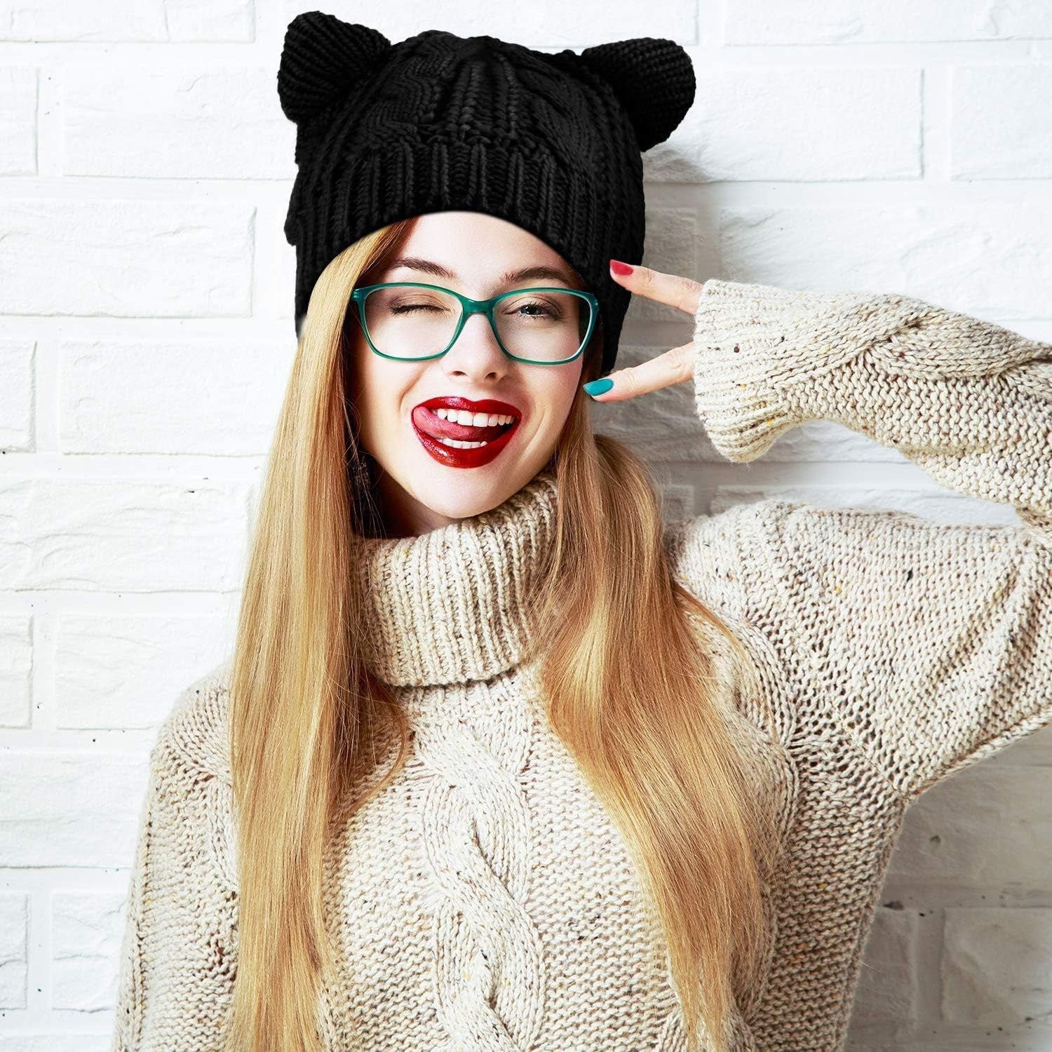 Women Girls Boys Teens Cute CAT Kitty Ears Hats, Winter Warm Woollike Knitted Crochet Christmas Ski Beanie Headgear