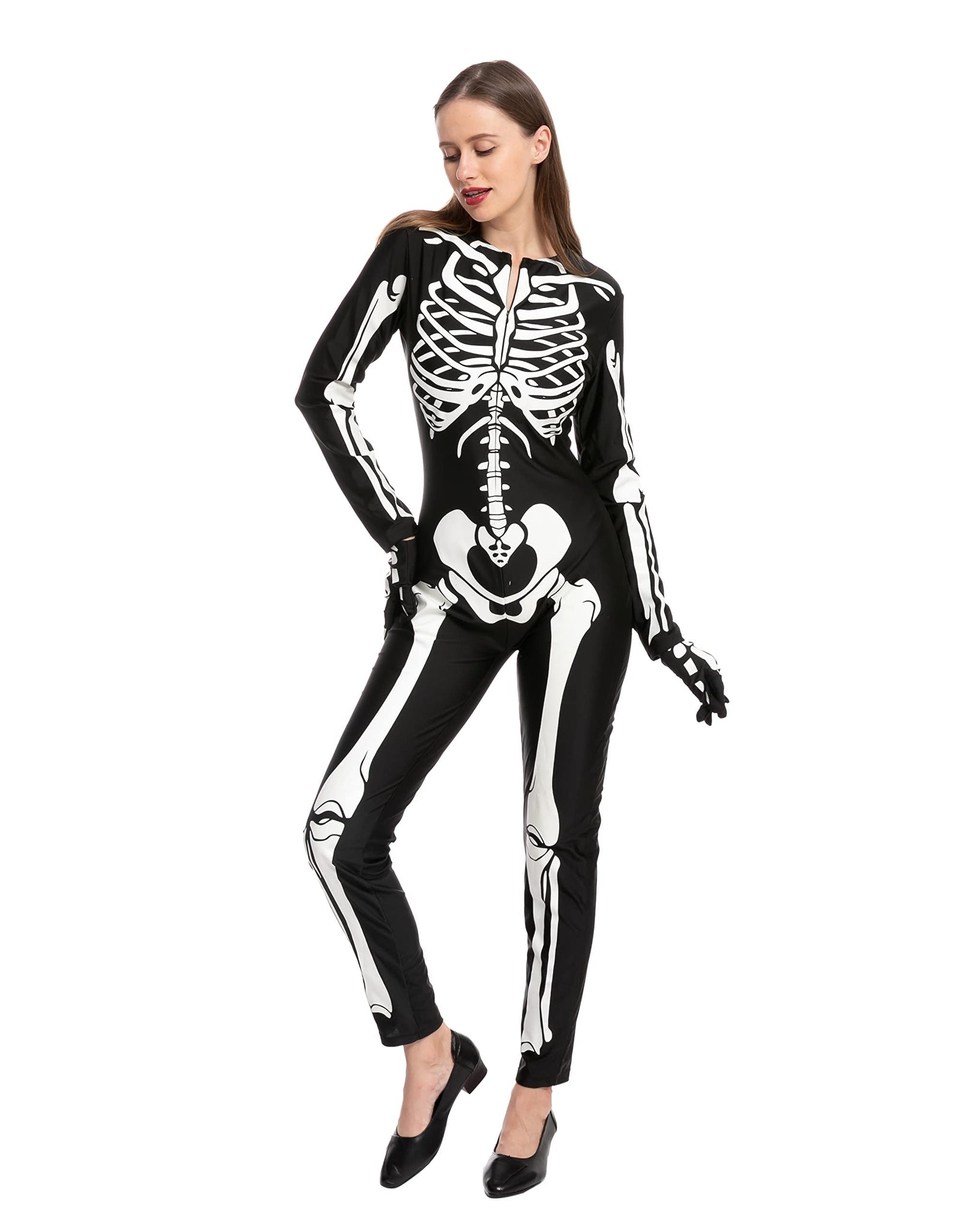 Glow in the Dark Skeleton Costume for Adults Women Halloween Dress up Party Role Playing Cosplay