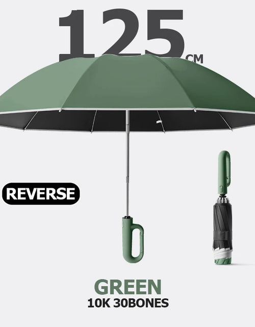 Load image into Gallery viewer, Big Windproof Strong Umbrella with Reflective Stripe Reverse Automatic Fold UV Umbrella for Rain Sun Carabiner Handle Luxury
