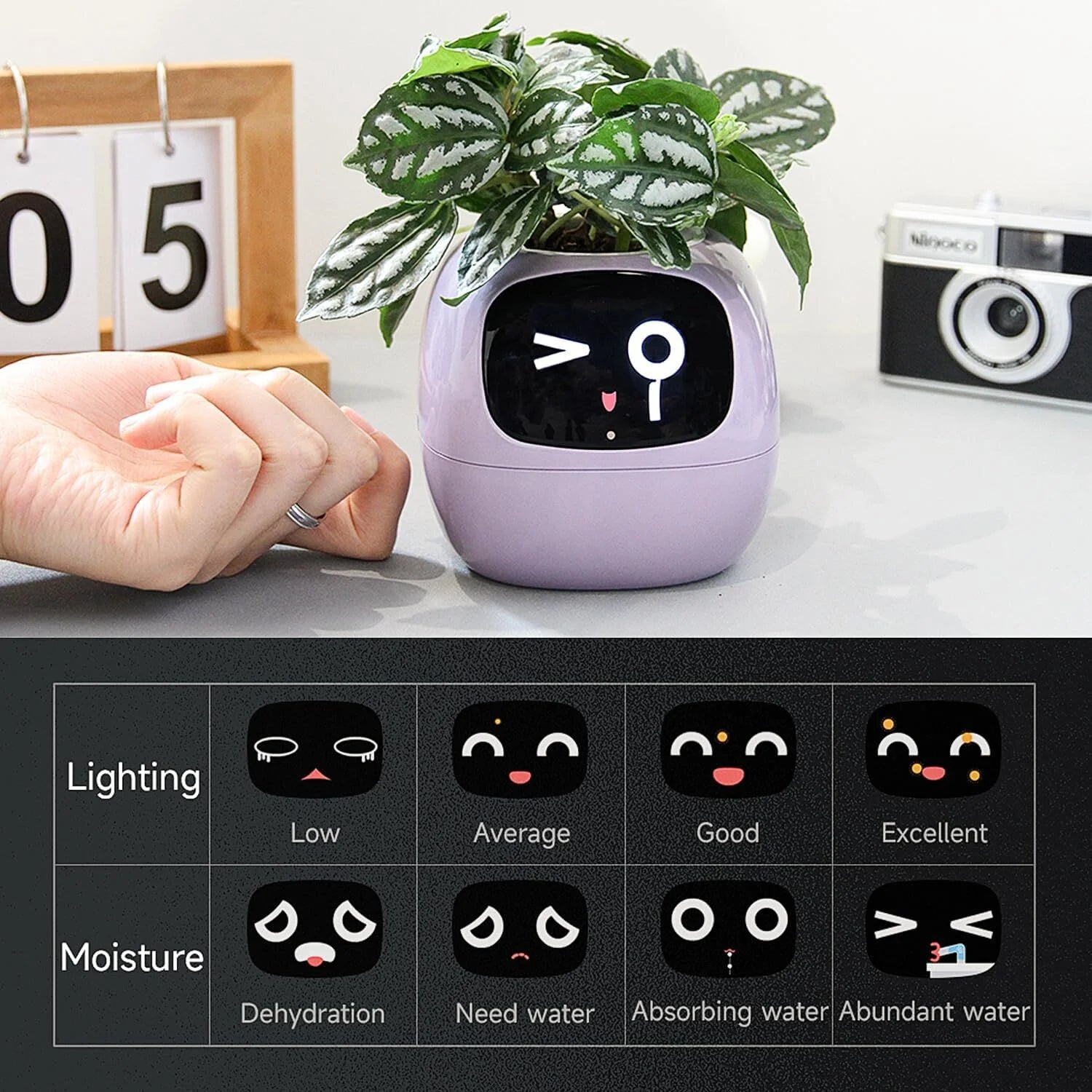 Smart Flowerpots, Electronic Pet Planter with Artificial Intelligence, Time Temperature Display, Guidance on Plant Care with Emojis, for Indoor Decoration