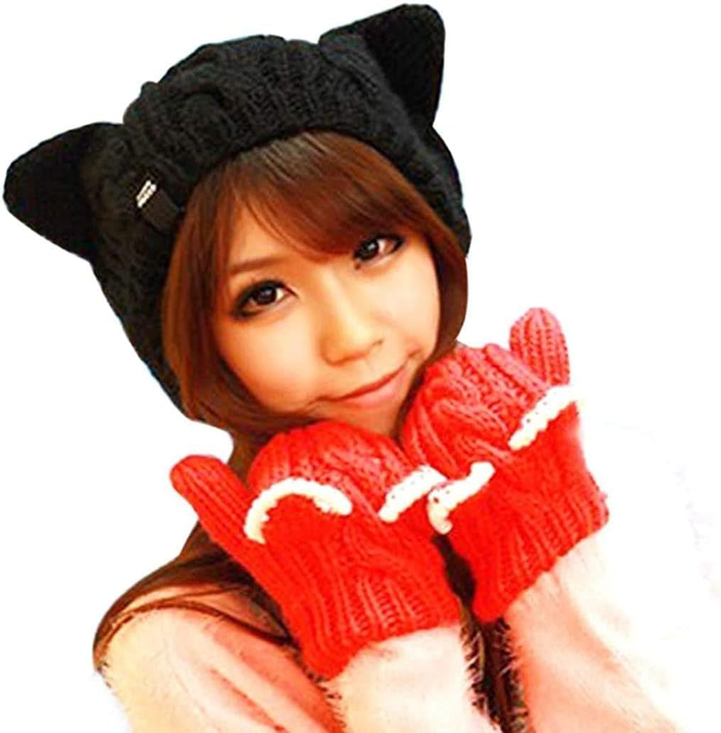 Women Girls Boys Teens Cute CAT Kitty Ears Hats, Winter Warm Woollike Knitted Crochet Christmas Ski Beanie Headgear